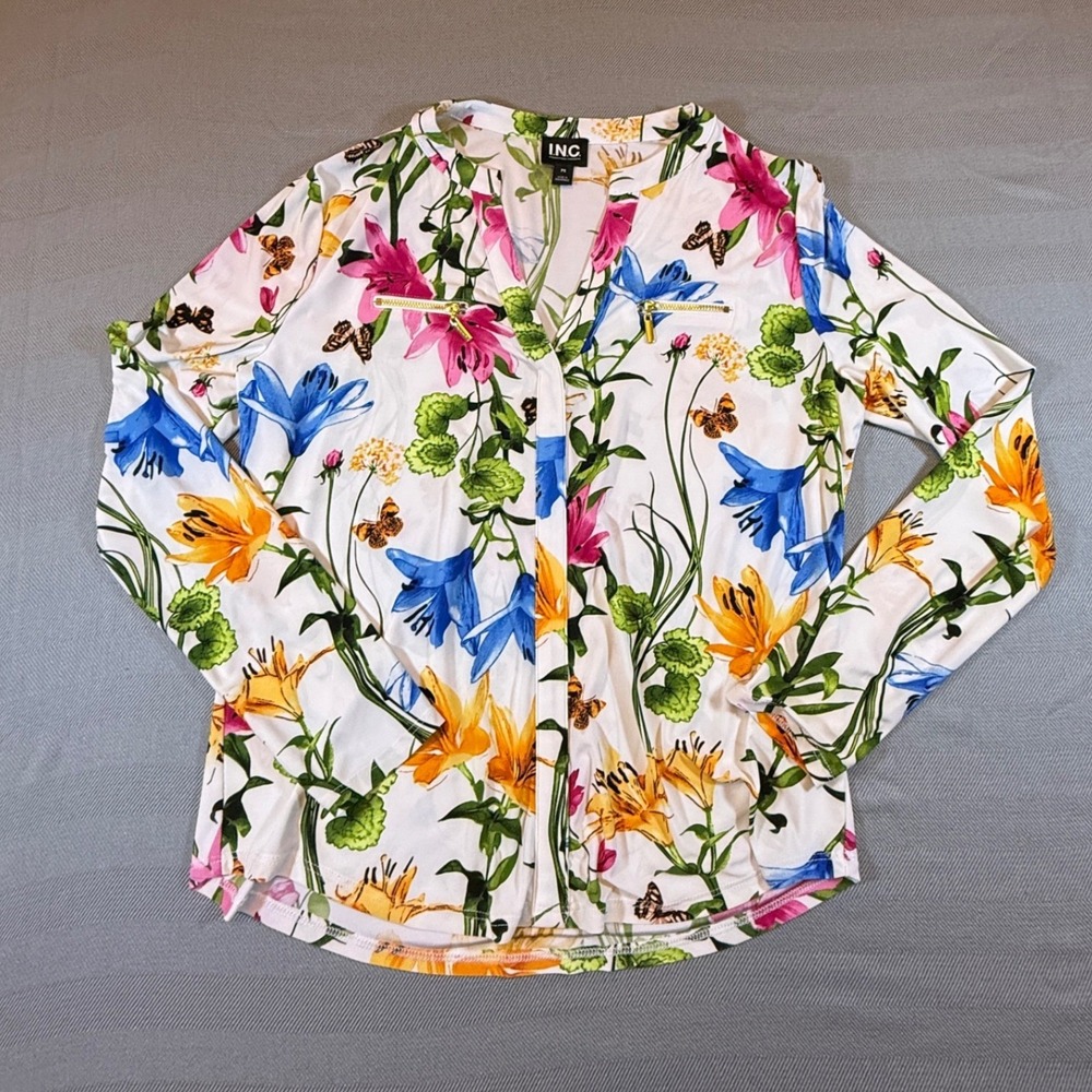 INC International Concepts Floral Zip Pocket Blouse White PS 100186800 SP24 2482